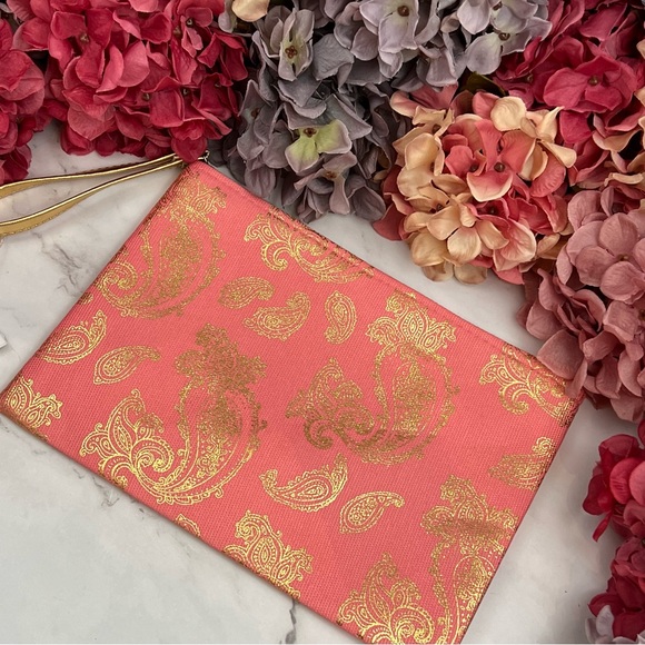Coral Pink & Metallic Gold Pineapple Makeup Cosmetic Wristlet Clutch Bag - Picture 3 of 10